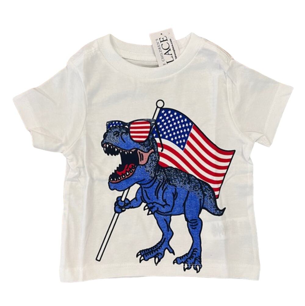 NWT Children's Place White W/4th of July Dinosaur/Flag Graphic Tee - SIZE 6-9M